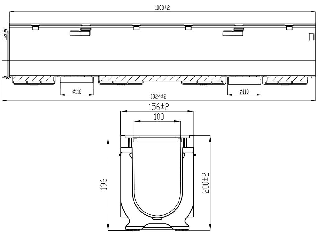 Rigolă din plastic BASE DN100 H200 cu grătare din fontă în fante clasa de sarcini C250